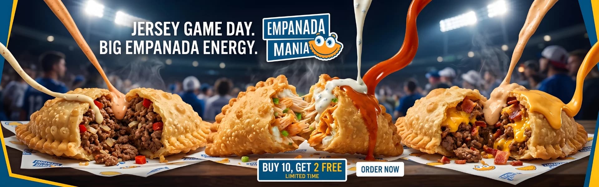 Empanada Mania Jersey Game Day promotion featuring signature empanadas and a limited-time buy 10, get 2 free offer